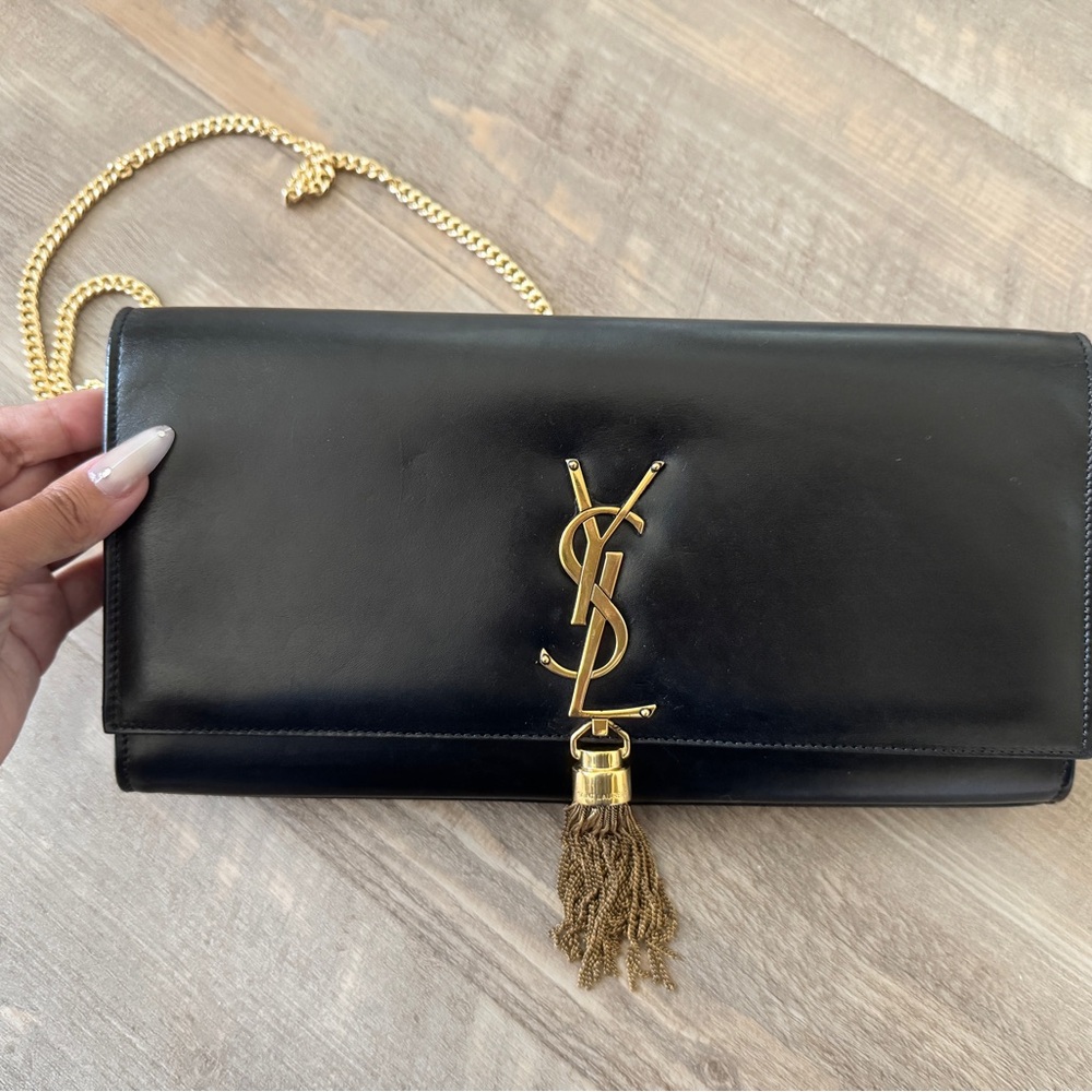 Authentic Saint Laurent YSL Black Leather Cassandre bag clutch with chain insert